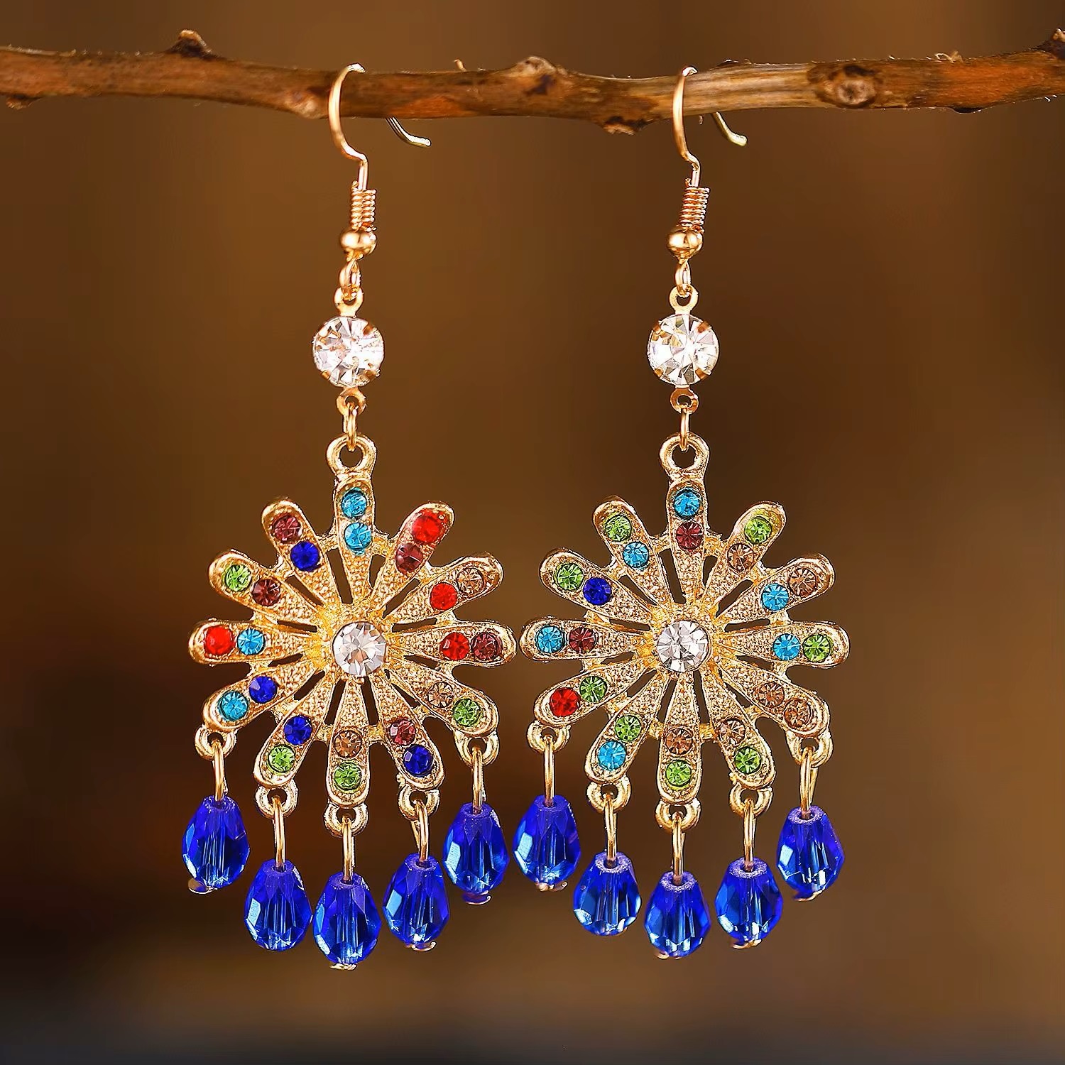 Aros Colgantes Piedras Fantasía Azul. - Imagen 2