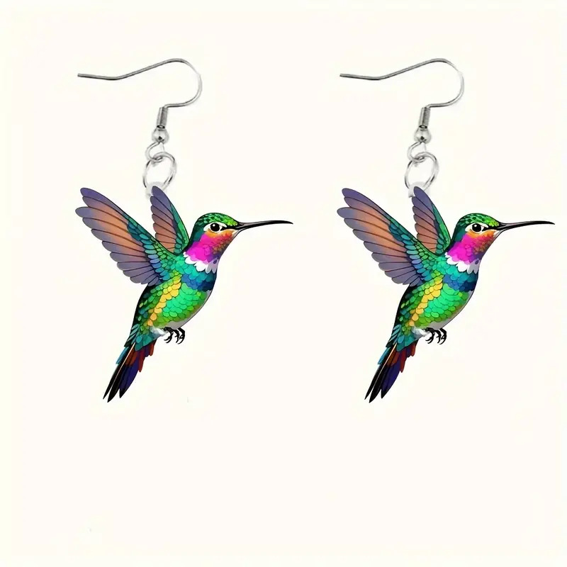 Aros Pájaro Colibrí Acrílico Azul-Verde-Rosa.