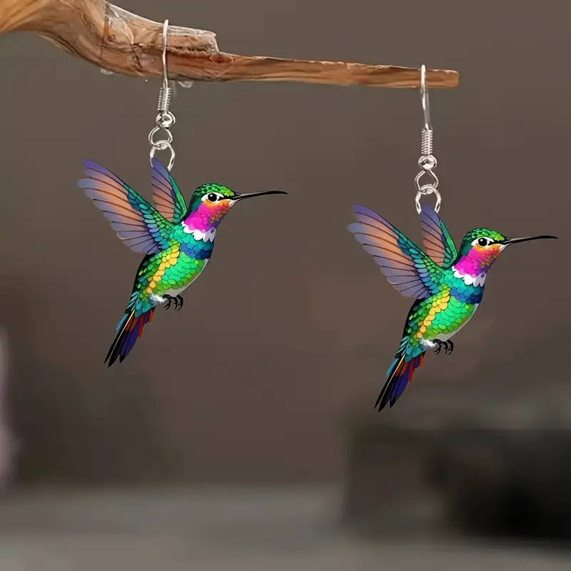 Aros Pájaro Colibrí Acrílico Azul-Verde-Rosa. - Imagen 2