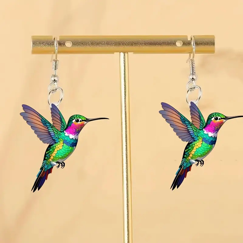 Aros Pájaro Colibrí Acrílico Azul-Verde-Rosa. - Imagen 3