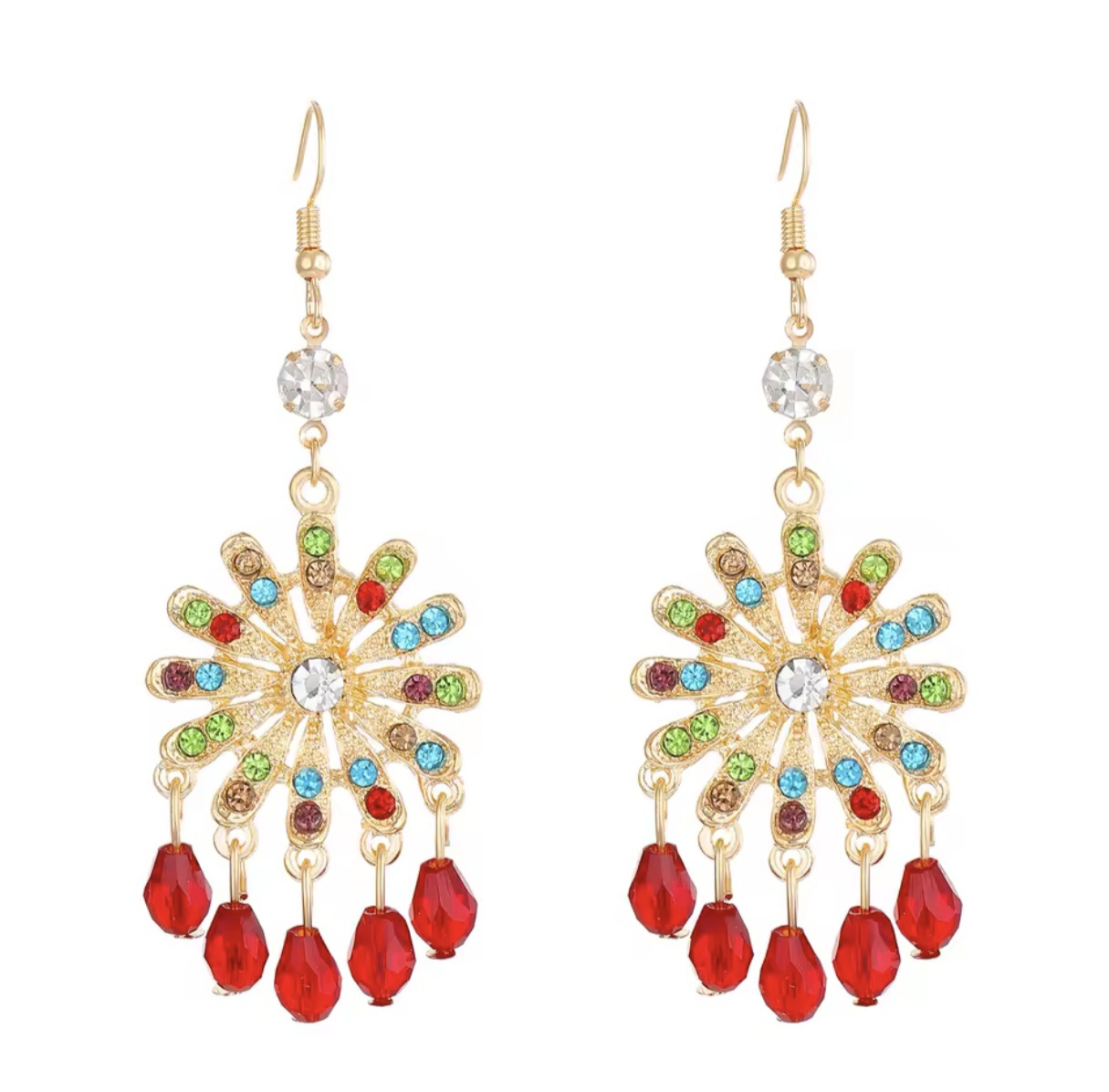 Aros Colgantes Piedras Fantasía Rojo.