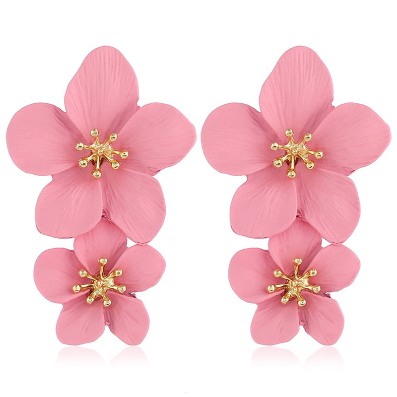 Aros colgantes Doble Flor Rosa Claro.