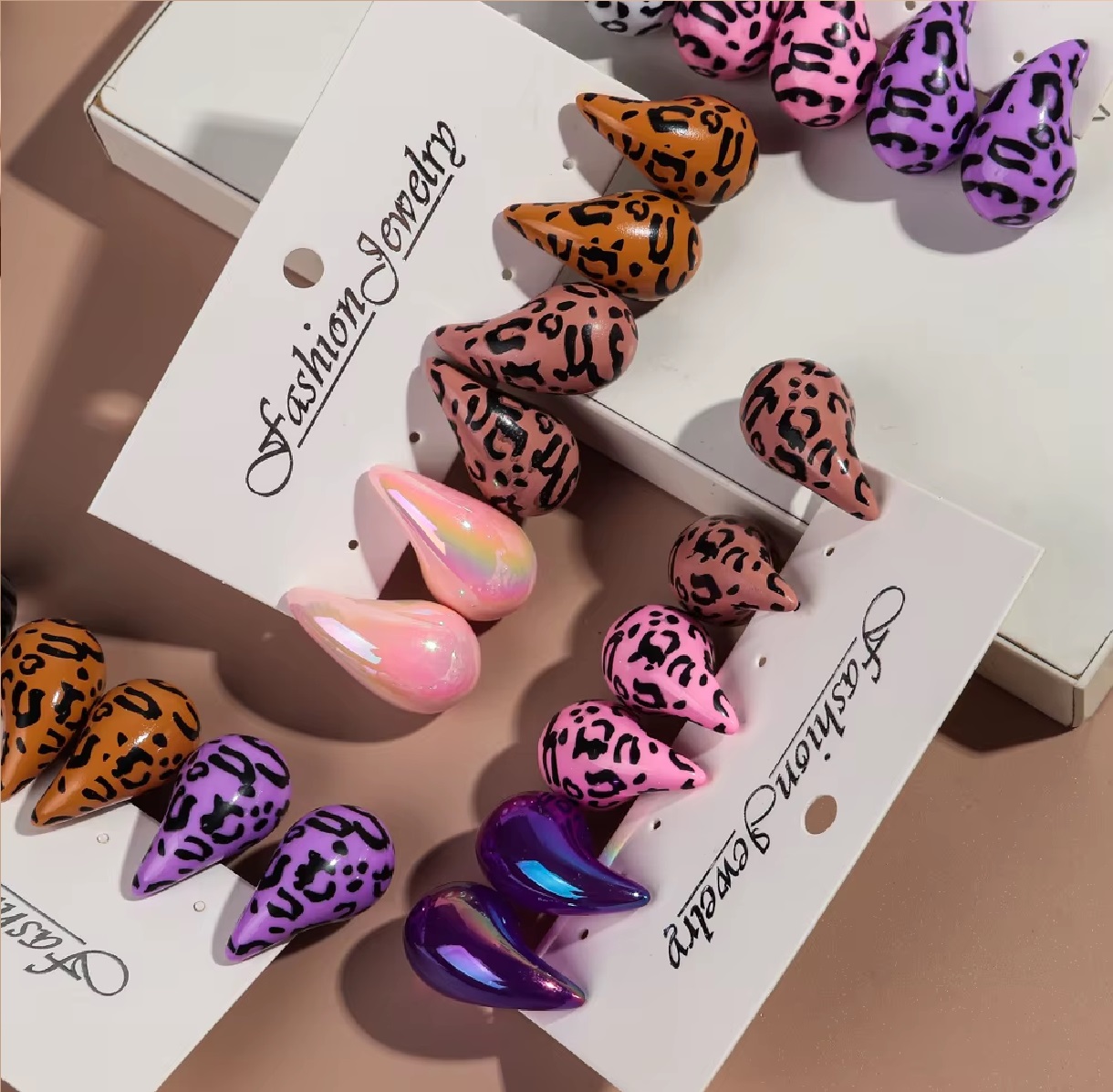Set 3 Aros Gotas De Agua Leopardo Morado Rosa. - Imagen 4