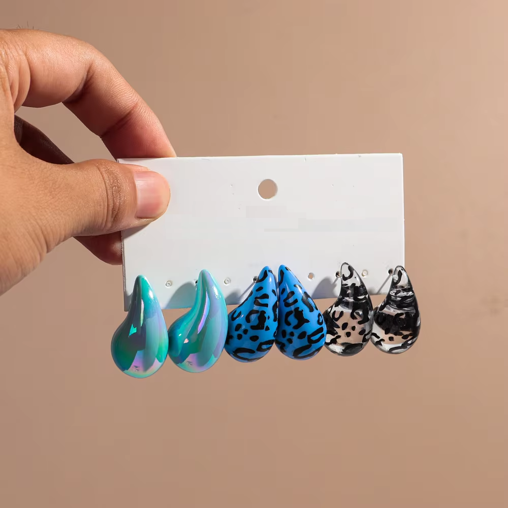 Set 3 Aros Gotas De Agua Leopardo Azul. - Imagen 3