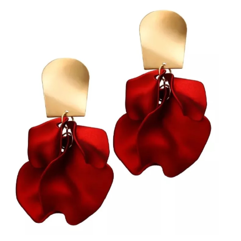Aros Flor Corta Pétalos Acrílico Dorado Con Rojo.