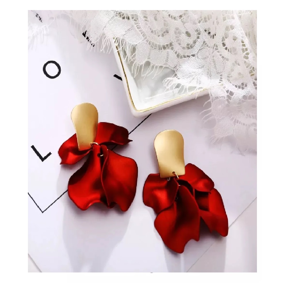 Aros Flor Corta Pétalos Acrílico Dorado Con Rojo. - Imagen 3