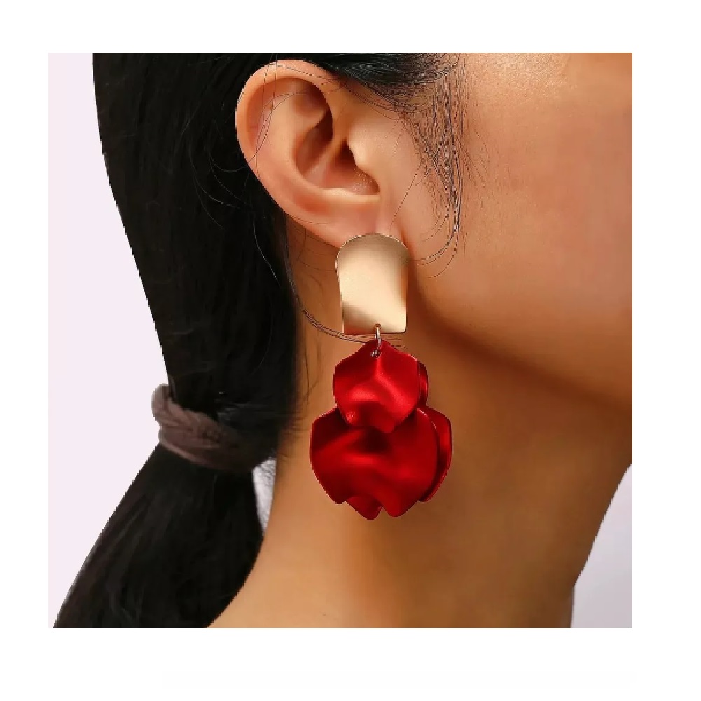 Aros Flor Corta Pétalos Acrílico Dorado Con Rojo. - Imagen 4